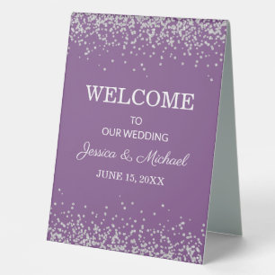 Plaque De Table Mariage élégant paillettes argent violet Bienvenue