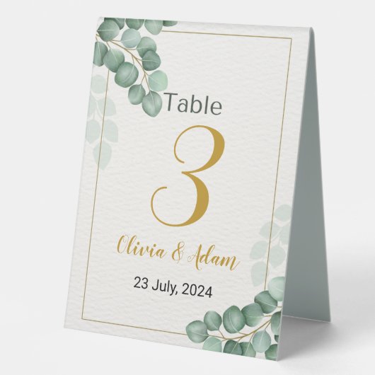 Plaque De Table Mariage Eucalyptus vert Numéro de table (Recto)