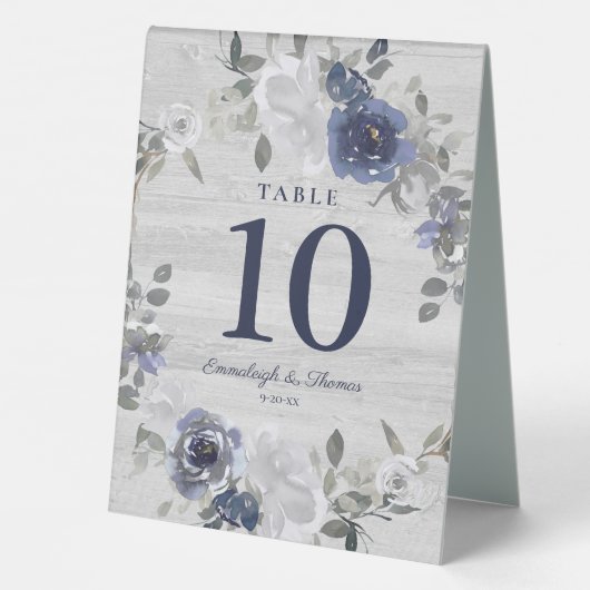 Plaque De Table Mariage floral bleu marine gris argent (Verso)