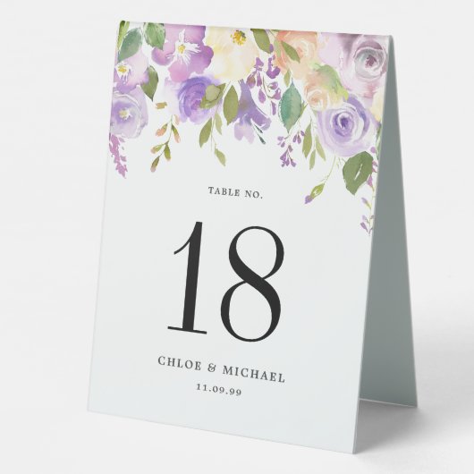 Plaque De Table Mariage floral pourpre Numéro de table (Verso)