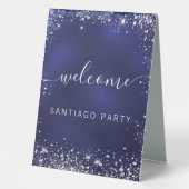 Plaque De Table Mariage marine bleu argent nom script bienvenue (Recto)