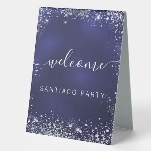 Plaque De Table Mariage marine bleu argent nom script bienvenue (Recto)