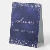 Plaque De Table Mariage marine bleu argent nom script bienvenue (Verso)