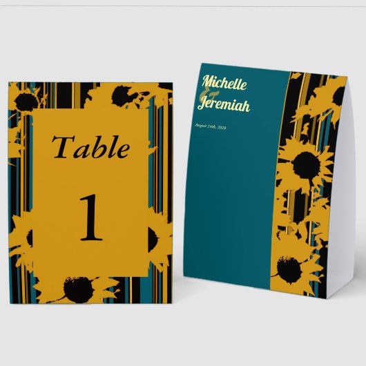 Plaque De Table Mariage Moderne Tournesol Bleu Sarcelle Or (Recto/Verso)