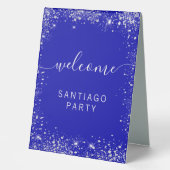 Plaque De Table Mariage royal bleu argent nom script bienvenue (Recto)