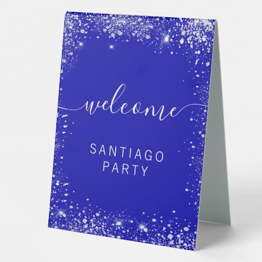 Plaque De Table Mariage royal bleu argent nom script bienvenue (Verso)