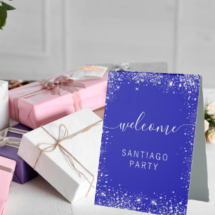 Plaque De Table Mariage royal bleu argent nom script bienvenue