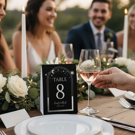 Plaque De Table Mariage Soleil Lune Étoiles Noir Argent Céleste