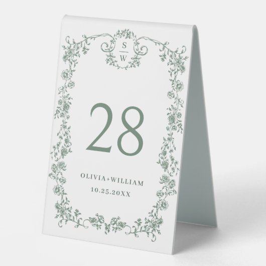 Plaque De Table Mariage vert de l'âge orné victorien Grace Floral (Recto)