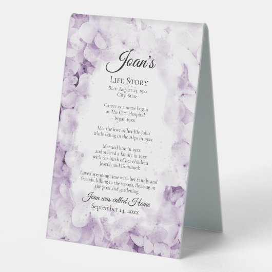 Plaque De Table Mémorial funéraire d'aquarelle violet Hydrangeas (Verso)