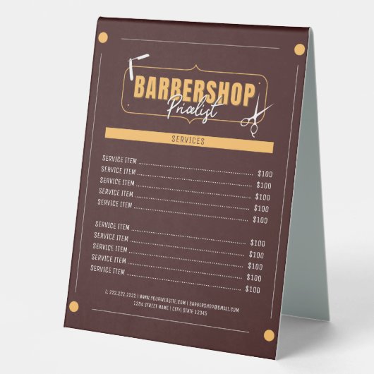 Plaque De Table Menu Barber Services Classic Barbershop (Recto)