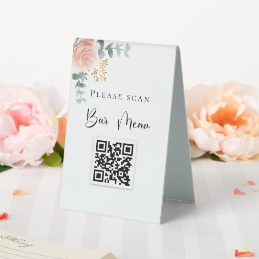 Plaque De Table Menu Barre Code QR bleu floral eucalyptus (In SItu (Mariage))