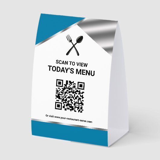 Plaque De Table Menu bleu code QR sans contact de restaurant (Recto)