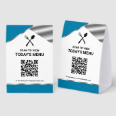 Plaque De Table Menu bleu code QR sans contact de restaurant (Recto/verso)