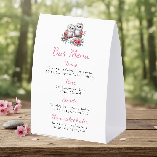 Plaque De Table Menu de bar de mariage rustique bohème avec hibou 