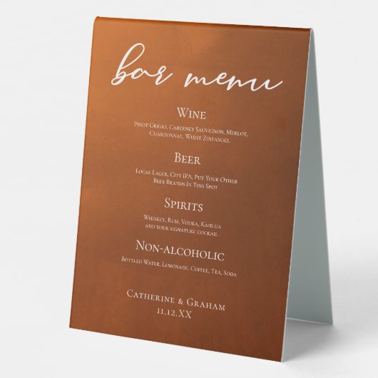 Plaque De Table Menu de bar Mariage Automnal Rustique Orange Brûlé (Verso)
