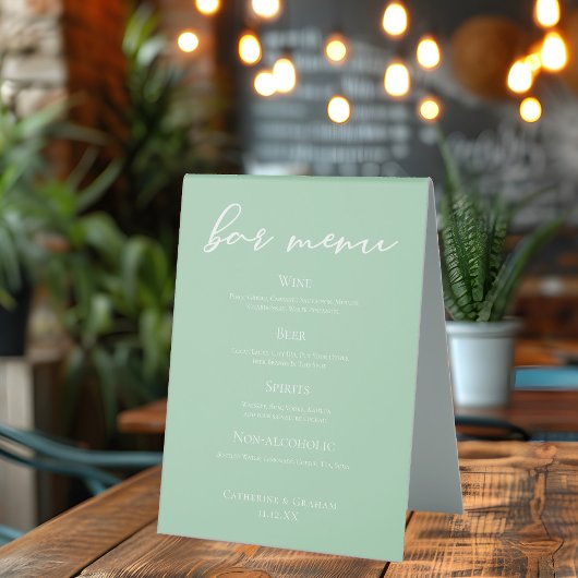 Plaque De Table Menu de la barre de Mariage blanche de Menthe vert
