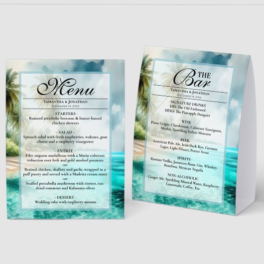 Plaque De Table Menu de mariage et bar à l'aquarelle de plage trop (Recto/Verso)