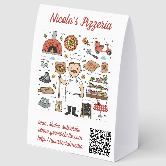 Plaque De Table Menu de restaurant de pizza avec code QR modifiabl (Recto)