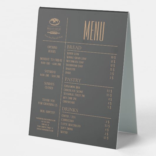 Plaque De Table Menu de table de petit café de boulangerie (Verso)