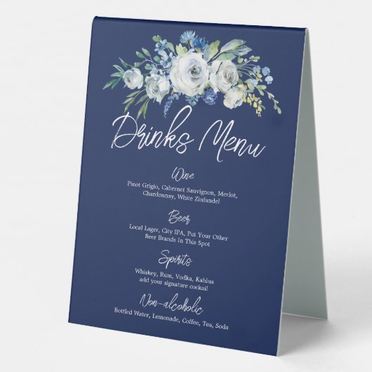 Plaque De Table Menu des boissons de mariage d'hiver moderne à fle (Verso)