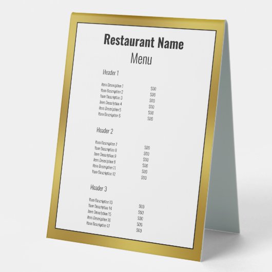 Plaque De Table Menu des restaurants Black White et Gold (Recto)