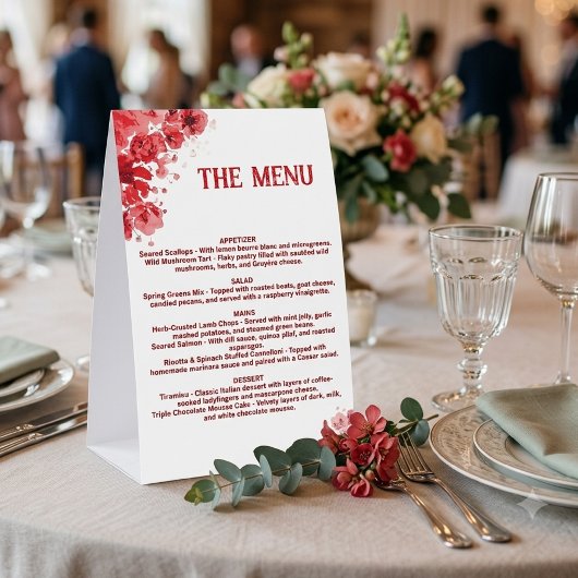 Plaque De Table Menu floral rouge romantique , Menu de mariage