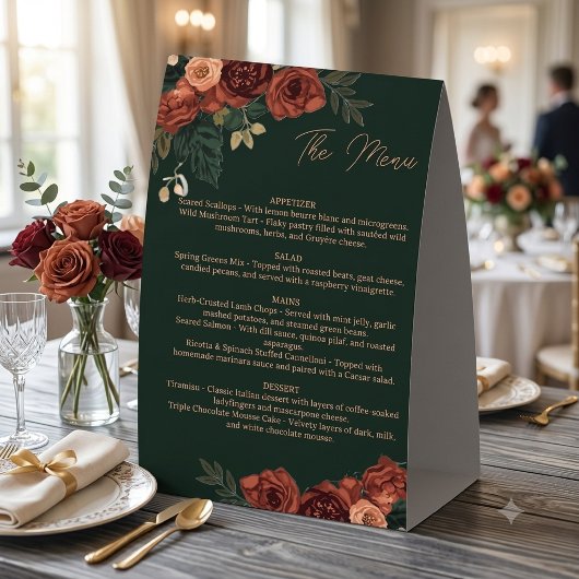 Plaque De Table Menu floral vert foncé romantique ,Menu de mariage