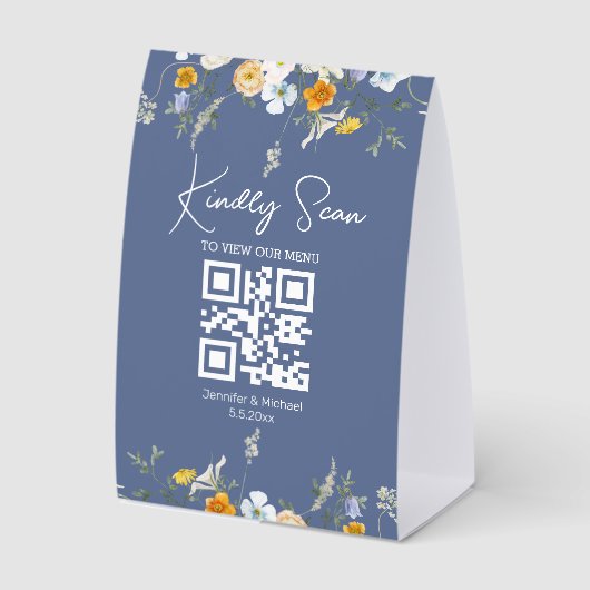 Plaque De Table menu mariage à code qr floral simple bleu nova (Recto)