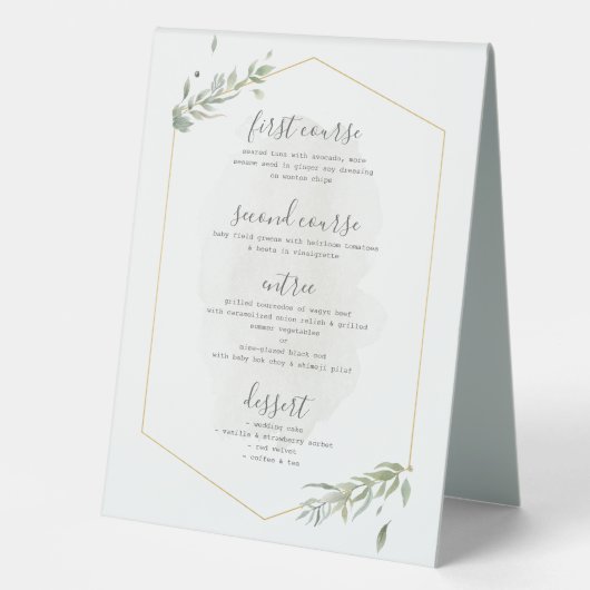 Plaque De Table Menu mariage cadre feuille Gold & vert (Recto)