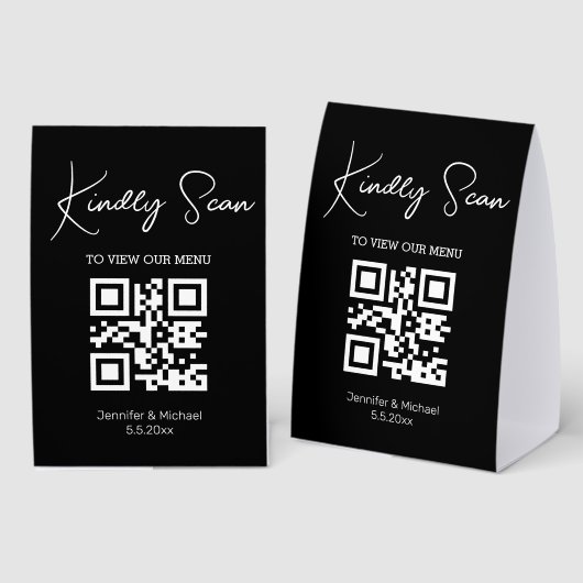 Plaque De Table menu mariage de code qr noir et blanc (Recto/verso)