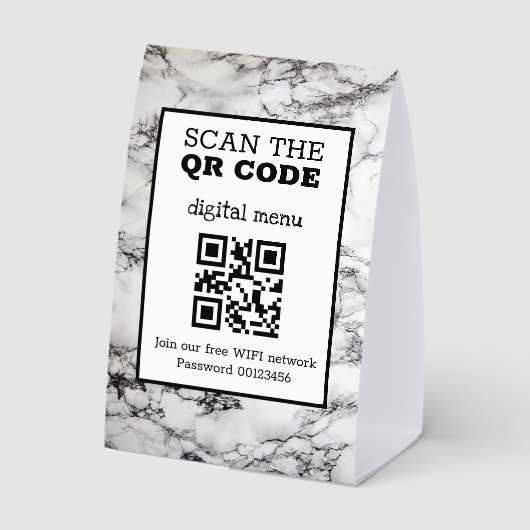Plaque De Table Menu numérique QR Code Marbre Noir & Blanc  Papier (Verso)