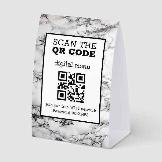 Plaque De Table Menu numérique QR Code Marbre Noir & Blanc  Papier (Recto)