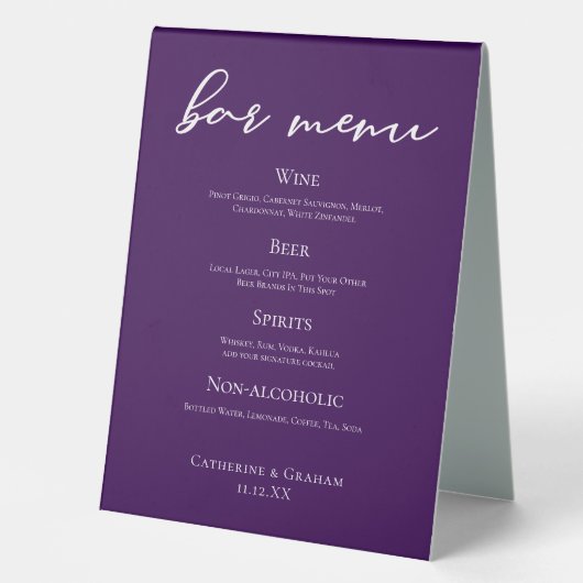 Plaque De Table Menu Royal Purple White Mariage Bar (Recto)