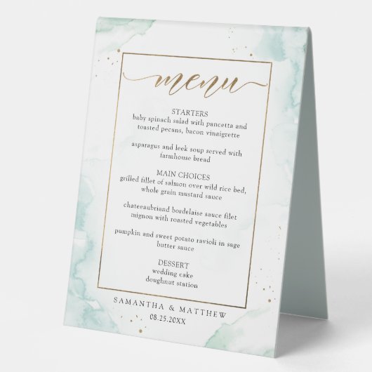 Plaque De Table Menu Turquoise, Vert et Or Aquarelle (Recto)