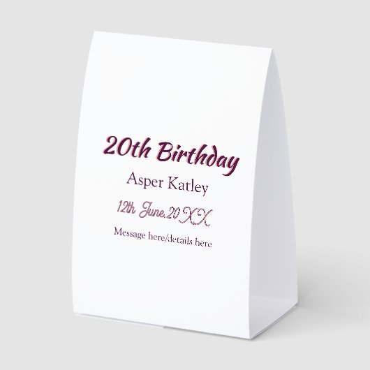 Plaque De Table Message simple nom date rose violet pour 20e anniv (Recto)