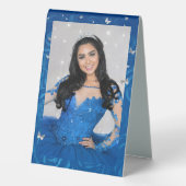 Plaque De Table Modèle de photo de roses argent et bleu royal Favo (Verso)