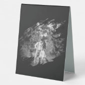 Plaque De Table Modern Brushstroke Photo Wedding | Soft Black (Verso)
