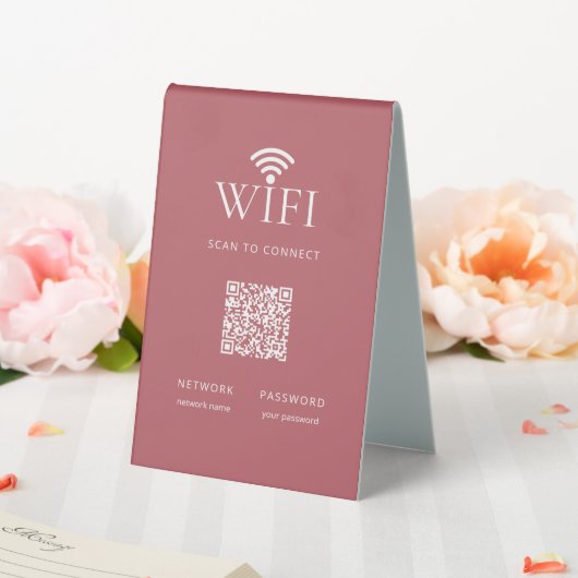 Plaque De Table Modern Guest WiFi Password QR Code Dusty Red (In SItu (Mariage))