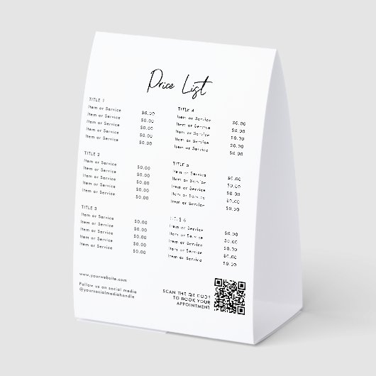 Plaque De Table Modern Price List Menu QR Code Social Media  (Recto)
