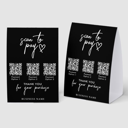 Plaque De Table Modern Scan to Pay QR Code Payment Black (Recto/verso)