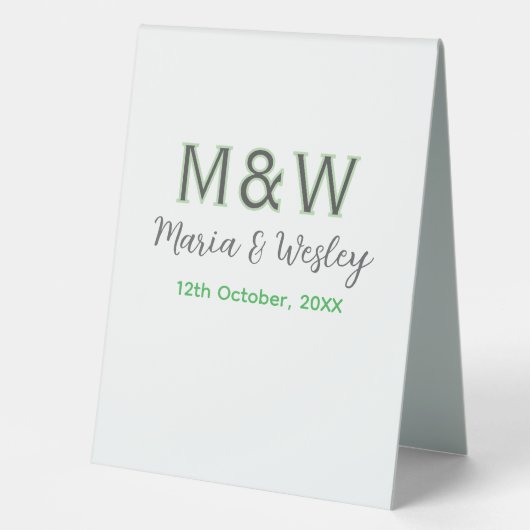 Plaque De Table Monogramme couple gris vert moderne date romantiqu (Recto)