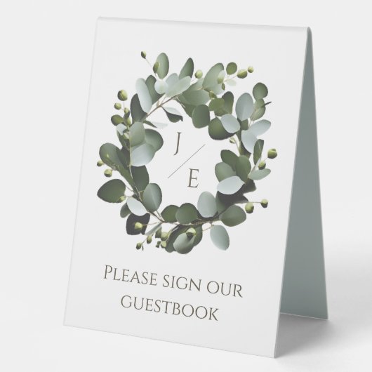 Plaque De Table Monogramme moderne Eucalyptus Mariage de couronne (Recto)