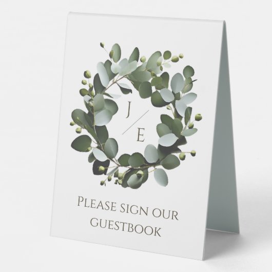 Plaque De Table Monogramme moderne Eucalyptus Mariage de couronne  (Verso)