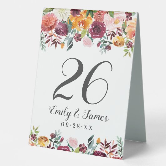 Plaque De Table Monogramme Rustique Bourgogne rose Automne Floral (Recto)