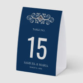 Plaque De Table Navy Blue Silver Flourish Wedding Table Number (Verso)
