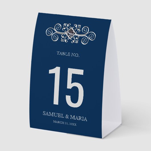 Plaque De Table Navy Blue Silver Flourish Wedding Table Number (Recto)