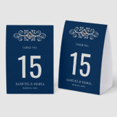 Plaque De Table Navy Blue Silver Flourish Wedding Table Number (Recto/verso)