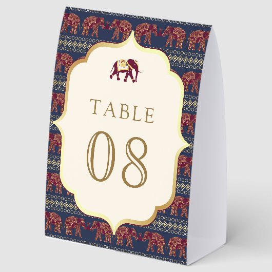 Plaque De Table Navy Burgundy Elephant Indian Wedding Table Number (Recto)