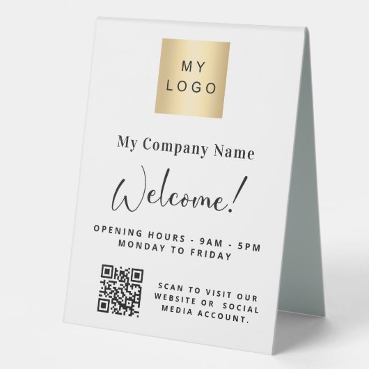 Plaque De Table Nom du logo de l'entreprise blanc heures d'ouvertu (Recto)